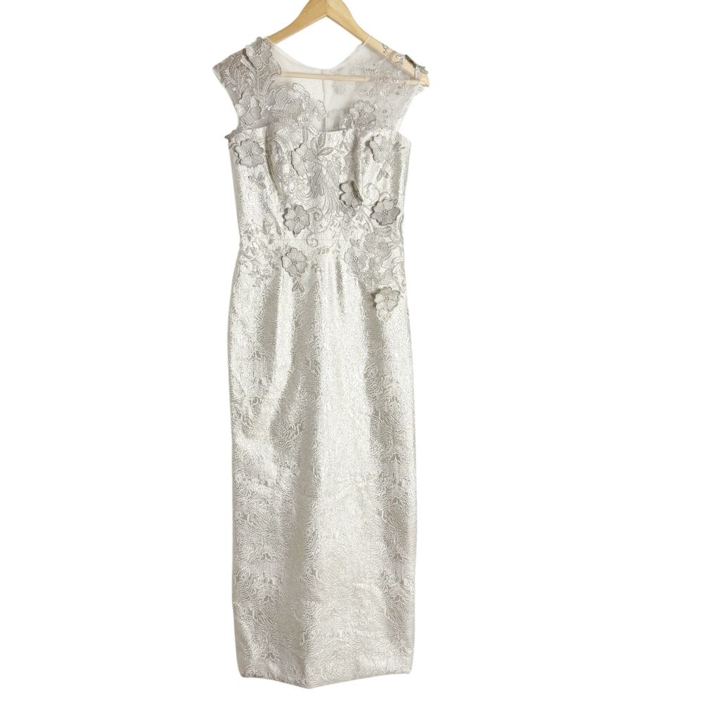 Rickie Freeman Teri Jon Silver Gray Floral Jacquard Applique Evening Gown Size 4
